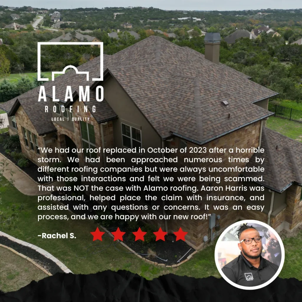 An aerial view of a large brick house with a new roof. Overlay text shows a positive testimonial for Alamo Roofing, with a photo of a man and five red stars at the bottom, emphasizing customer satisfaction.