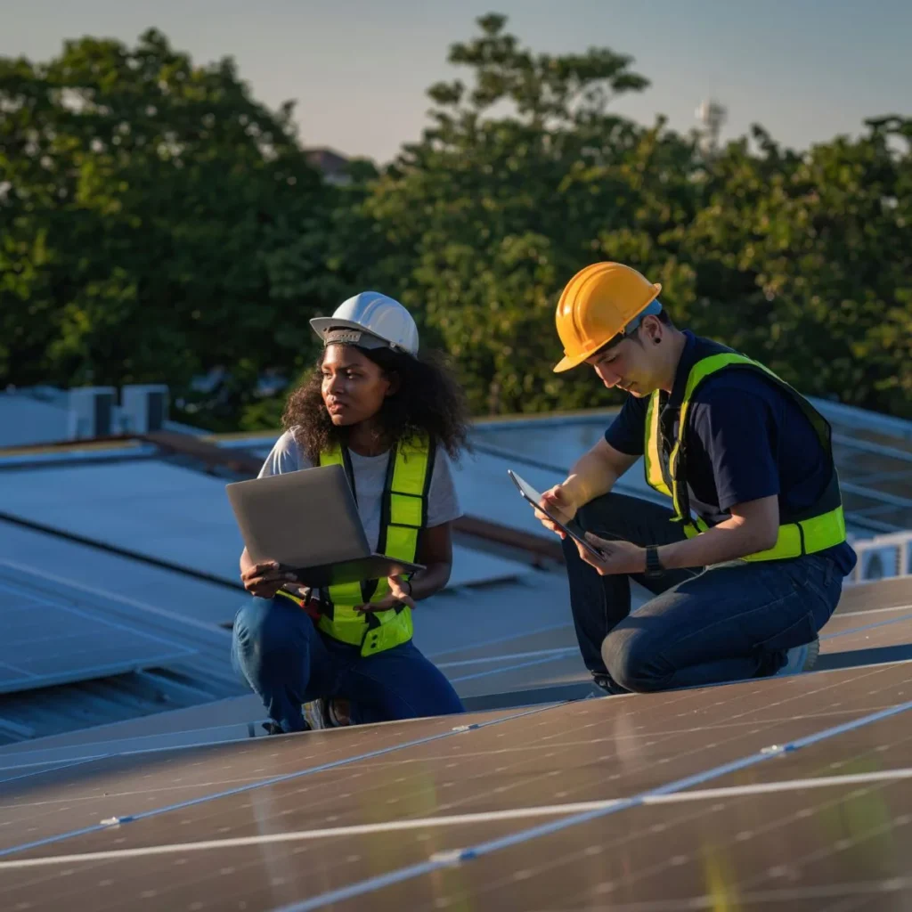 Two workers in safety vests and helmets examine solar panels on a rooftop; one holds a laptop, the other uses a tablet, with trees visible in the background.