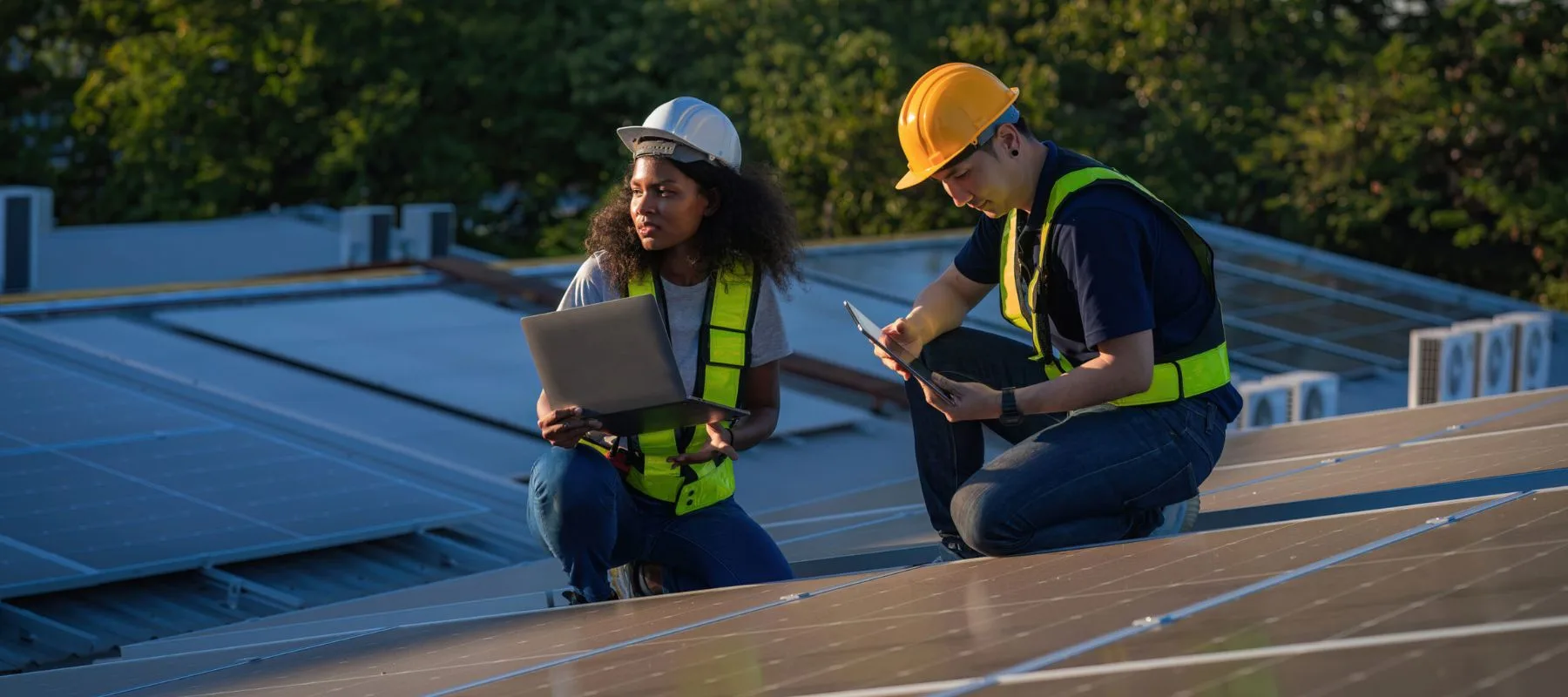 Two workers wearing safety vests and helmets inspect solar panels on a rooftop. One holds a laptop while the other checks a tablet, surrounded by green trees in the background.
