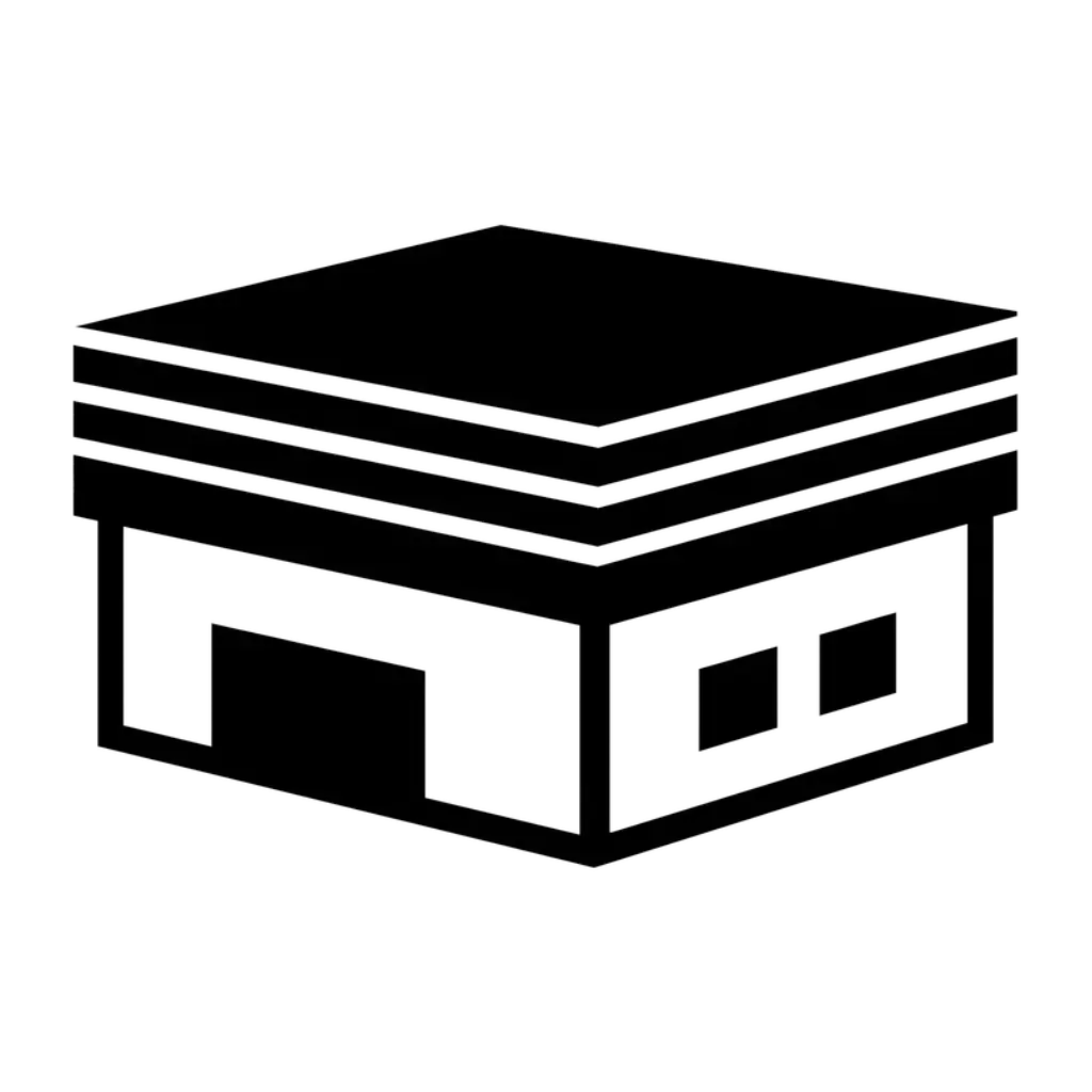 Black and white icon of a warehouse or industrial building, featuring a large rectangular door, two windows on the side, and a flat, layered roof.