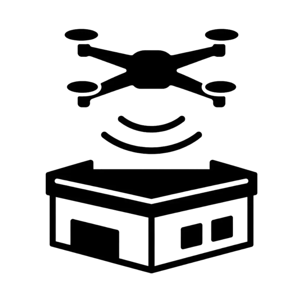 A black and white icon shows a drone flying above a building with signal waves between them, suggesting drone delivery to a warehouse or home.