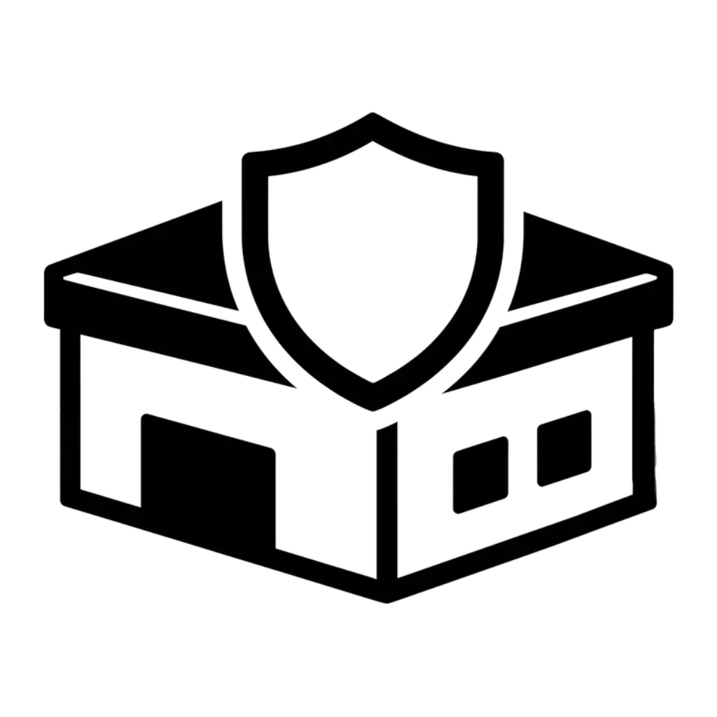 A black and white icon of a house with a large shield symbol overlaying the roof, representing home security or protection.