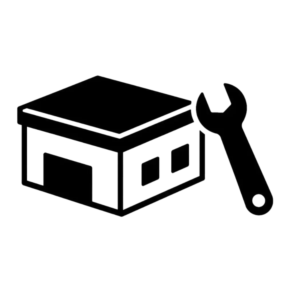 A black and white icon of a building with a large wrench beside it, representing a repair shop, service center, or maintenance facility.