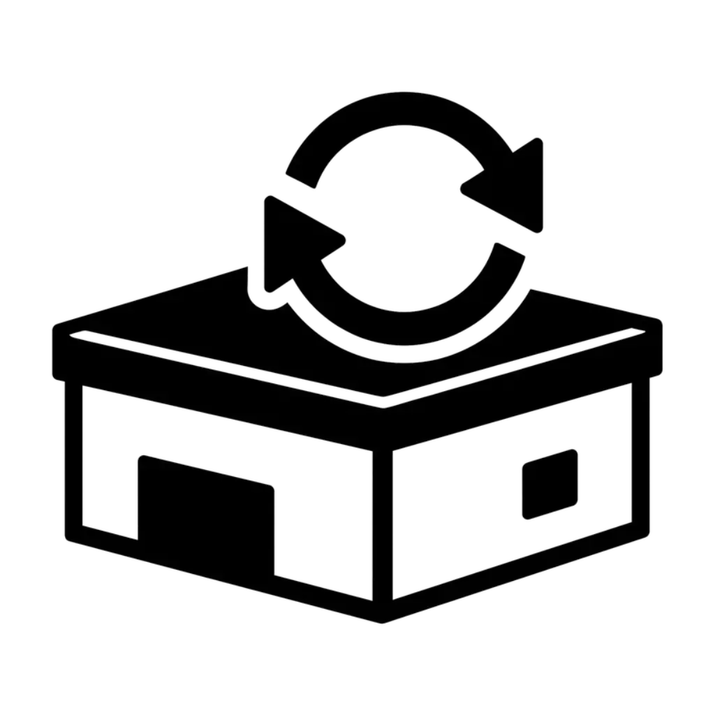Black and white icon of a building with a circular arrow above it, suggesting concepts like refresh, update, synchronize, or warehouse inventory management.
