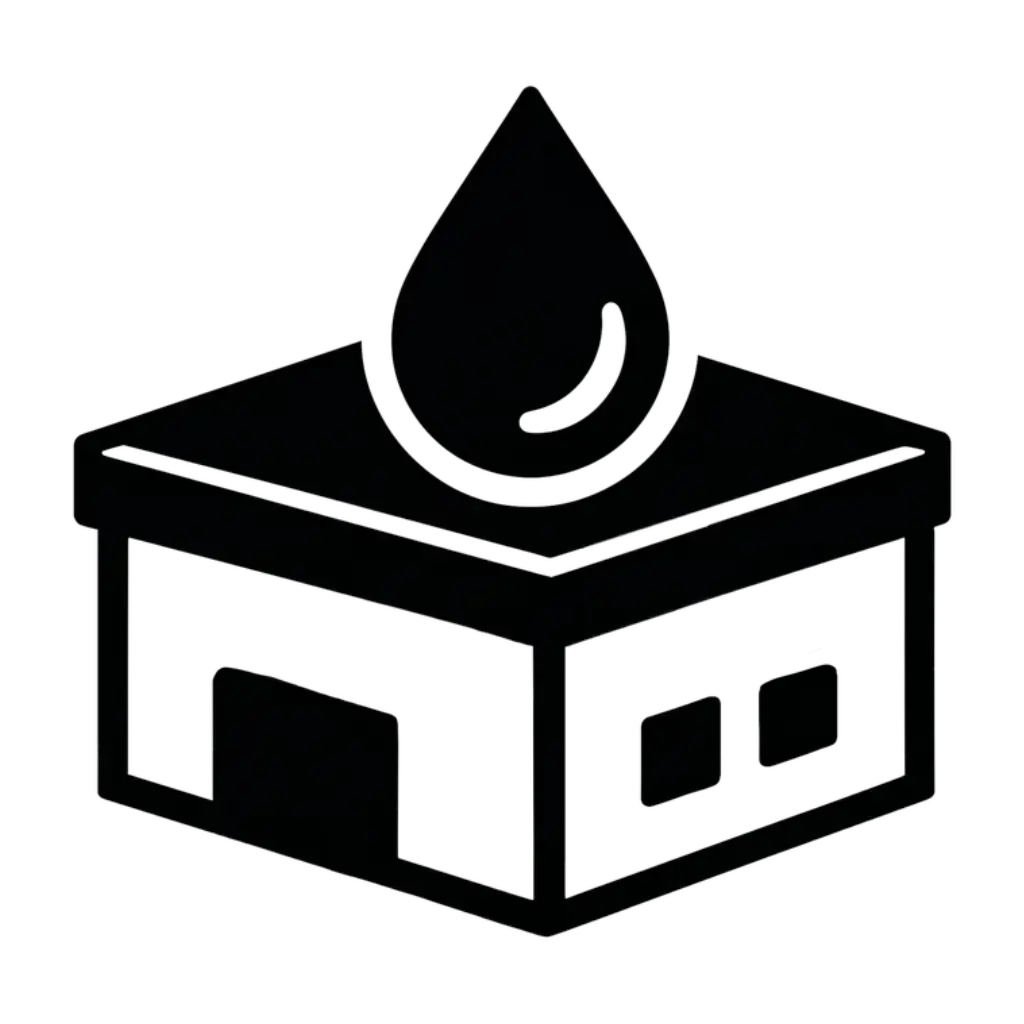 A black and white icon of a building with a large water droplet on its roof, symbolizing water services or a water supply facility.