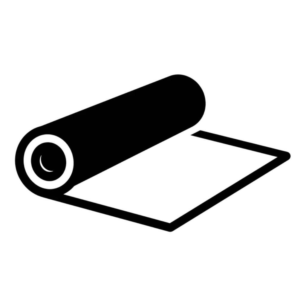 A black and white icon of a rolled-up mat or sheet, partially unrolled and lying flat on a surface.